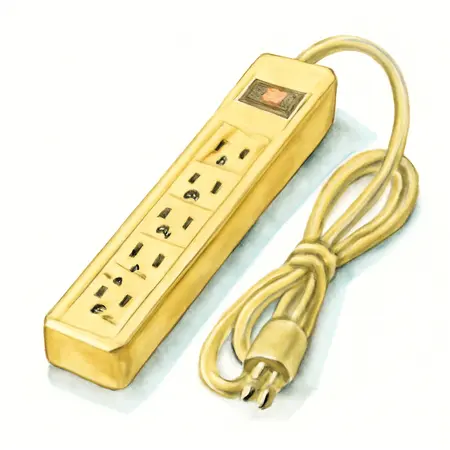 Water color illustrative image of a generic 6 Outlet Power Strip with Metal Housing, Yellow
