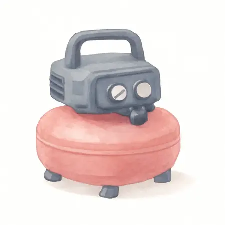 Water color illustrative image of a generic 6 gallon 0.8  HP 150 PSI Oil-Free Pancake Air Compressor