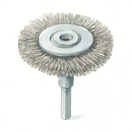 Water color illustrative image of a generic 6 in. x 1 in. x 5/8 in. Arbor with 1/2 in. Adapter Crimp Wire Wheel
