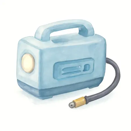 Water color illustrative image of a generic 12V Portable Tire Inflator with LED Light