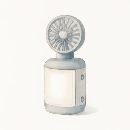 Water color illustrative image of a generic 300 Lumen LED Rechargeable 3-in-1 Lantern, Fan, and Power Bank