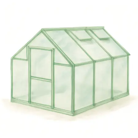Water color illustrative image of a generic 10 ft. x 12 ft. Greenhouse with 4 Vents