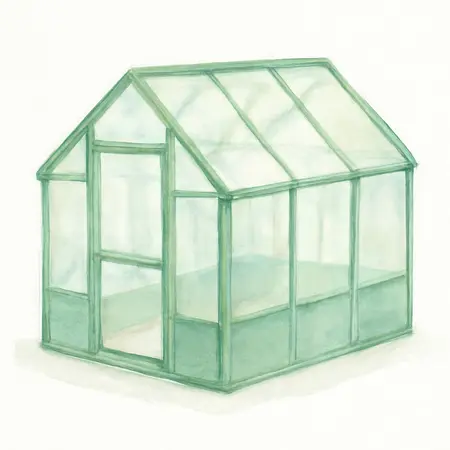 Water color illustrative image of a generic 6 ft. x 8 ft. Greenhouse