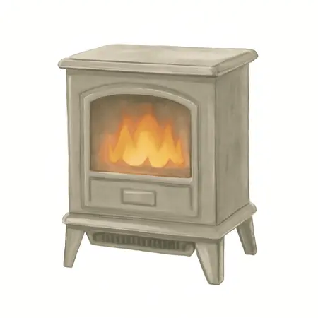 Water color illustrative image of a generic 750/1500 Watt Wood Stove Style Electric Heater