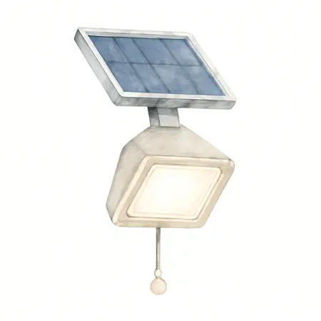Water color illustrative image of a generic 80 Lumen LED Solar Shed Light