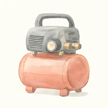 Water color illustrative image of a generic 8 gallon 1.5 HP 150 PSI Oil-Free Portable Air Compressor