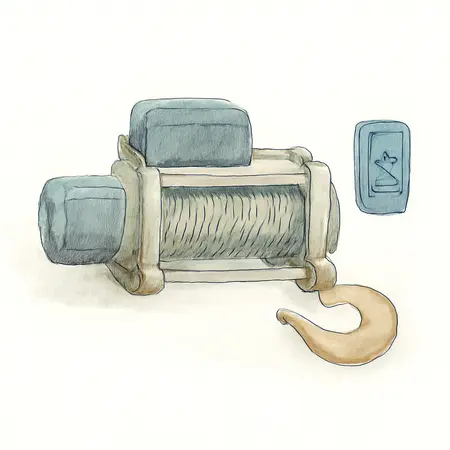 Water color illustrative image of a generic 12,000 lb. Winch with Steel Rope and Wireless Remote