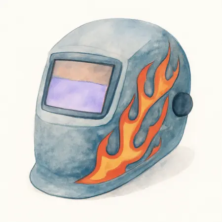 Water color illustrative image of a generic ArcSafe™ Auto Darkening Welding Helmet with Flame Design
