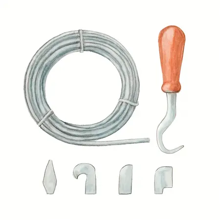 Water color illustrative image of a generic Drain Cleaner Replacement Cable and Cutter Set