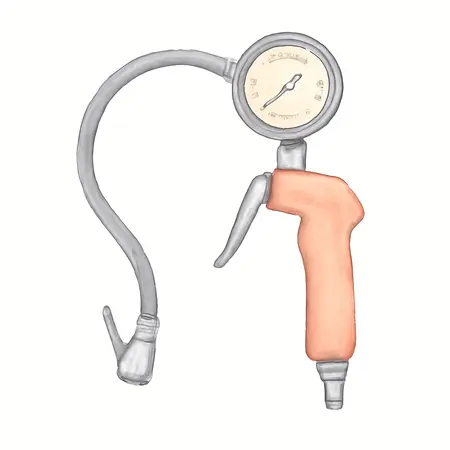 Water color illustrative image of a generic Dual Head Air Chuck Inflator with Dial Gauge