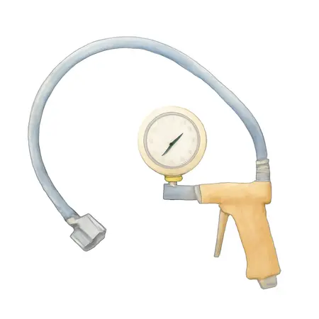 Water color illustrative image of a generic Dual Head Angle Chuck Inflator with Inline Gauge
