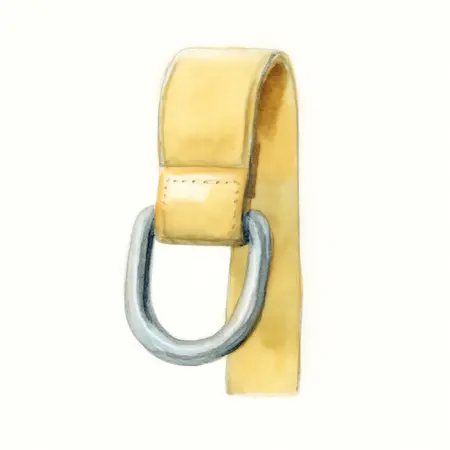 Water color illustrative image of a generic E-Track Tie-Off Strap with D-Ring
