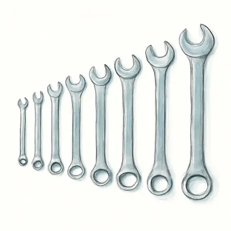 Water color illustrative image of a generic Fully Polished SAE Combination Wrench Set, 9 Piece