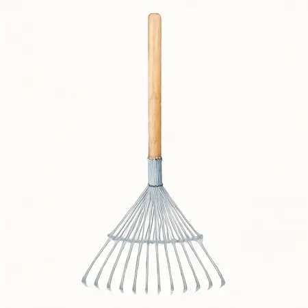 Water color illustrative image of a generic Leaf Rake with Wood Handle