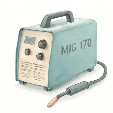 Water color illustrative image of a generic MIG 170 Professional Welder with 120/240V Input