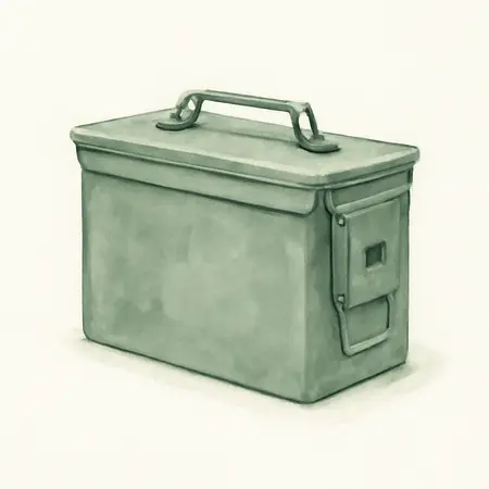 Water color illustrative image of a generic Metal 0.50 Caliber Ammo Can