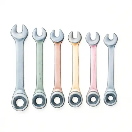 Water color illustrative image of a generic Color Metric Ratcheting Combination Wrench Set, 6 Piece
