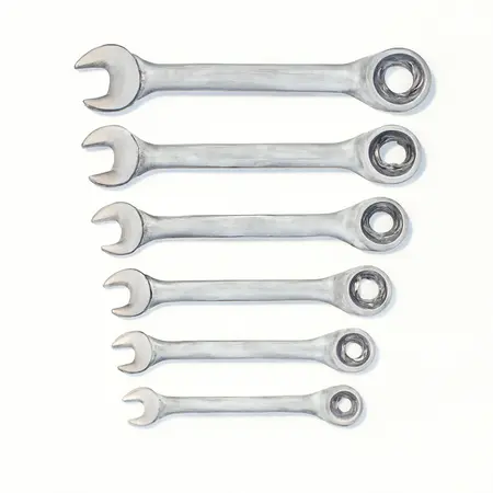 Water color illustrative image of a generic Metric Ratcheting Combination Wrench Set, 7 Piece