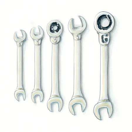 Water color illustrative image of a generic Flex-Head Metric Ratcheting Combination Wrench Set, 5 Piece