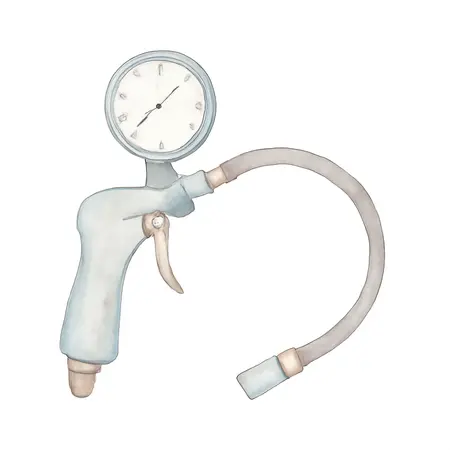 Water color illustrative image of a generic Pistol Grip Tire Inflator with Dial Gauge