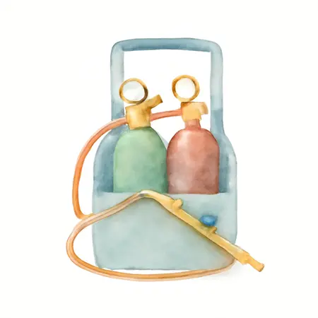 Water color illustrative image of a generic Portable Torch Kit with Oxygen and Acetylene Tanks