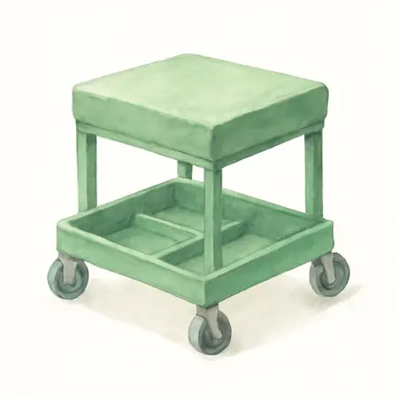 Water color illustrative image of a generic Professional Adjustable Shop Seat with Tool Storage, Green