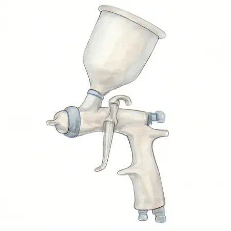 Water color illustrative image of a generic Professional HTE Compliant Gravity-Feed Air Spray Gun with Rear Fan Control