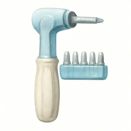 Water color illustrative image of a generic Ratcheting Right Angle Multi-Bit Screwdriver Set, 8 Piece