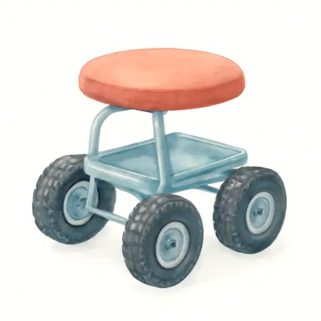 Water color illustrative image of a generic Rolling Work Seat with Tool Tray