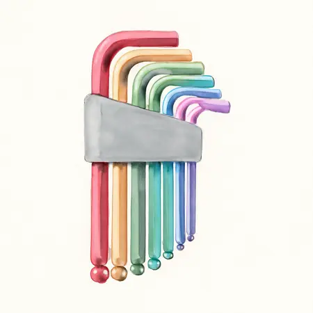 Water color illustrative image of a generic SAE Color Coded L-Shape Ball End Hex Key Set, 13 Piece