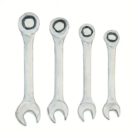 Water color illustrative image of a generic SAE Offset Ratcheting Wrench Set, 4 Piece