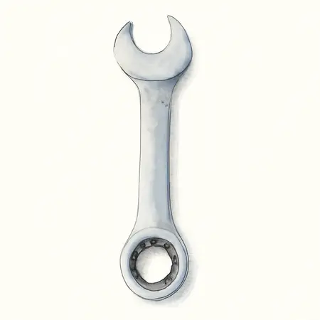 Water color illustrative image of a generic SAE Professional Stubby Ratcheting Combination Wrench Set, 7 Pc.
