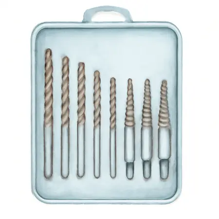 Water color illustrative image of a generic Screw Extractor and Left-Hand Drill Bit Combo Set, 10 Piece