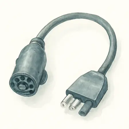 Water color illustrative image of a generic Seven-Way RV Blade to Four-Wire Flat Adapter with Flex Cord