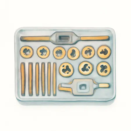 Water color illustrative image of a generic Titanium Nitride Coated Alloy Steel SAE Tap & Die Set, 45 Pc.