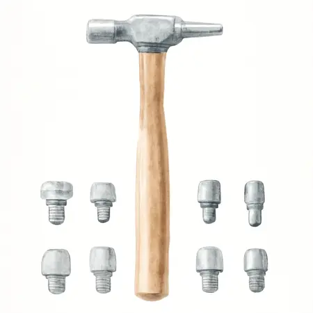 Water color illustrative image of a generic Watchmakers Hammer with 6 Heads