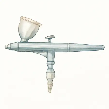 Water color illustrative image of a generic 3-Tip Gravity-Feed, Dual-Action Airbrush