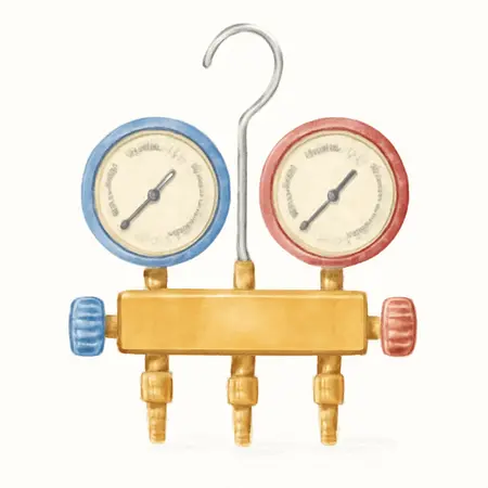 Water color illustrative image of a generic R1234YF A/C Manifold Gauge Set