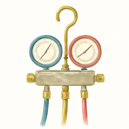 Water color illustrative image of a generic R134A A/C Manifold Gauge Set