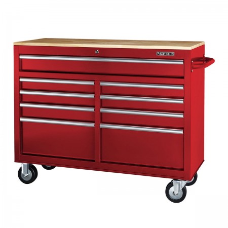 46 in.  9-Drawer Mobile Storage Cabinet with Solid Wood Top, Red