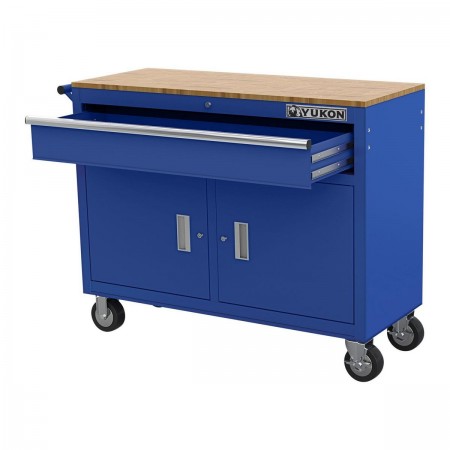 46 in. Mobile Workbench with Solid Wood Top, Blue
