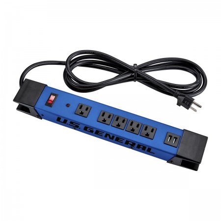 5 Outlet Magnetic Power Strip with Metal Housing and 2 USB Ports, Blue