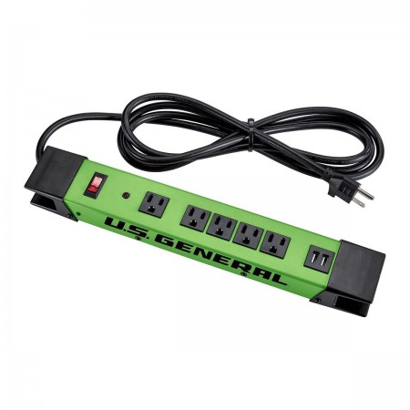 5 Outlet Magnetic Power Strip with Metal Housing and 2 USB Ports, Green