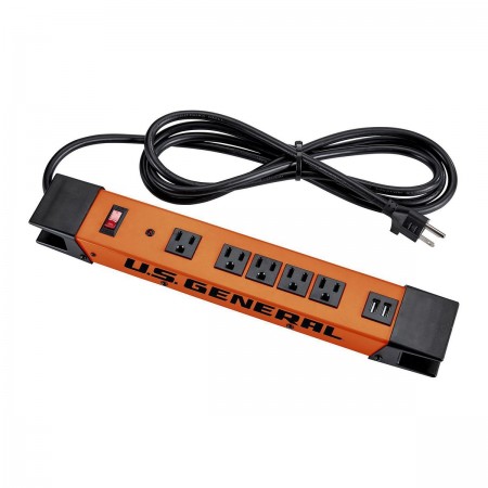 5 Outlet Magnetic Power Strip with Metal Housing and 2 USB Ports, Orange