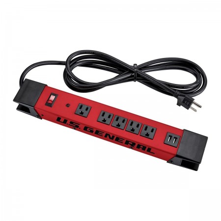 5 Outlet Magnetic Power Strip with Metal Housing and 2 USB Ports, Red