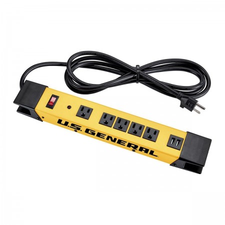 5 Outlet Magnetic Power Strip with Metal Housing and 2 USB Ports, Yellow