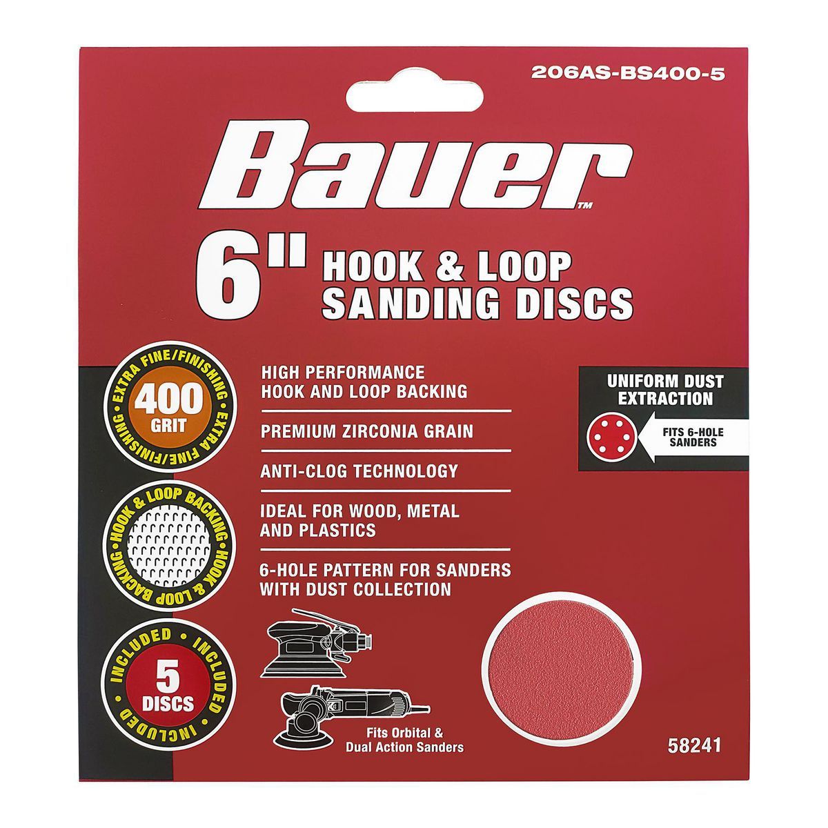 6 in. 400 Grit Hook and Loop 6-Hole Pattern Sanding Discs with Zirconia Grain, 5 Pack