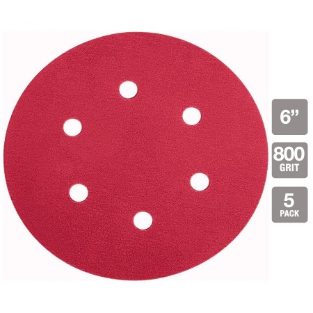 6 in.  800 Grit Hook and Loop 6-Hole Pattern Sanding Discs 5 Pk.