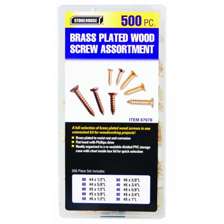 Brass Plated Wood Screw Assortment, 500 Pc.