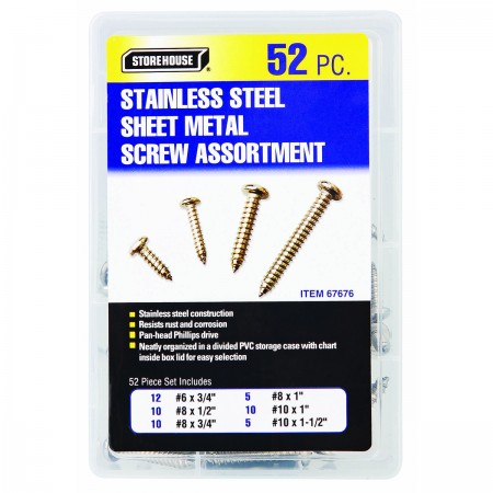 Stainless Steel Sheet Metal Screw Assortment, 52 Pc.